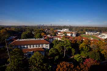 aerial view of the Atlanta campus with the Atlanta city skyline in the background